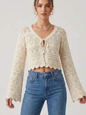 Moon & Madison Size L Cream Crochet Sweater Cardigan Tie Front Bell Sleeves